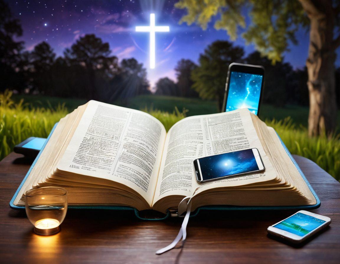 A serene open Bible with ethereal light glowing from its pages, surrounded by digital devices such as a tablet and smartphone showcasing Bible apps and online courses. In the background, a peaceful nature scene symbolizes faith and enlightenment. Elements of technology blended with spirituality bring a modern touch to the sacred text. super-realistic. vibrant colors. uplifting atmosphere.