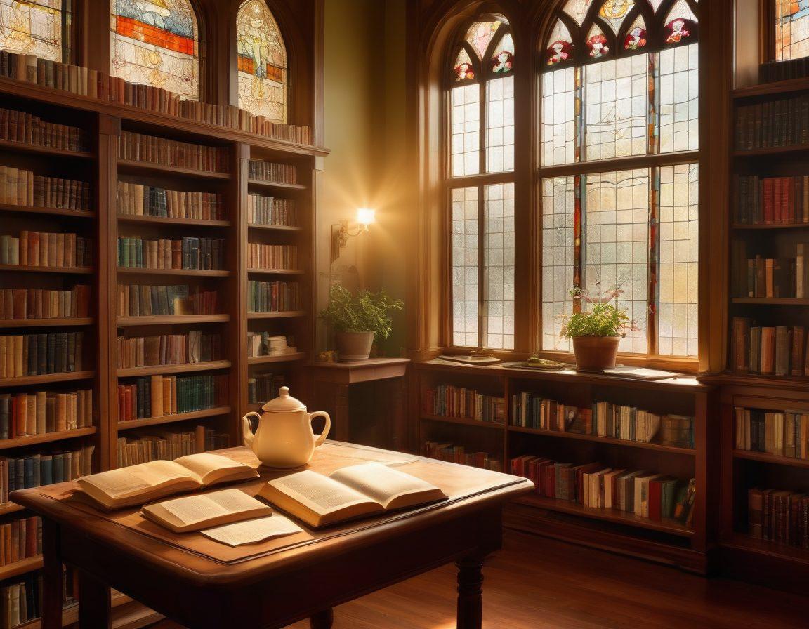 A serene library filled with open Bibles, illuminated by soft sunlight streaming through stained glass windows. Shelves laden with educational materials and resources, surrounded by a peaceful atmosphere symbolizing faith and learning. A warm cup of tea rests on a table alongside the books, inviting exploration. Gentle, vibrant colors enhance the inviting ambiance. hyper-realistic. warm lighting. 