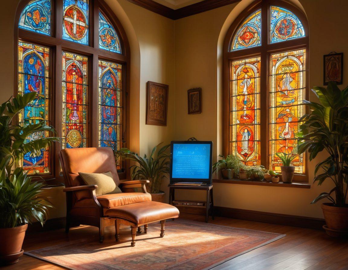 A serene library scene filled with diverse digital devices like tablets and e-readers, showcasing sacred scriptures open on their screens. Soft light filters through a large stained glass window, illuminating a cozy reading nook with comfortable chairs and bookshelves. A gentle touch of nature with potted plants adds warmth to the space. In the background, an inviting digital interface glows with symbols of different religions and insights, representing accessibility and guidance in studying scripture. vibrant colors. soft focus. warm lighting.